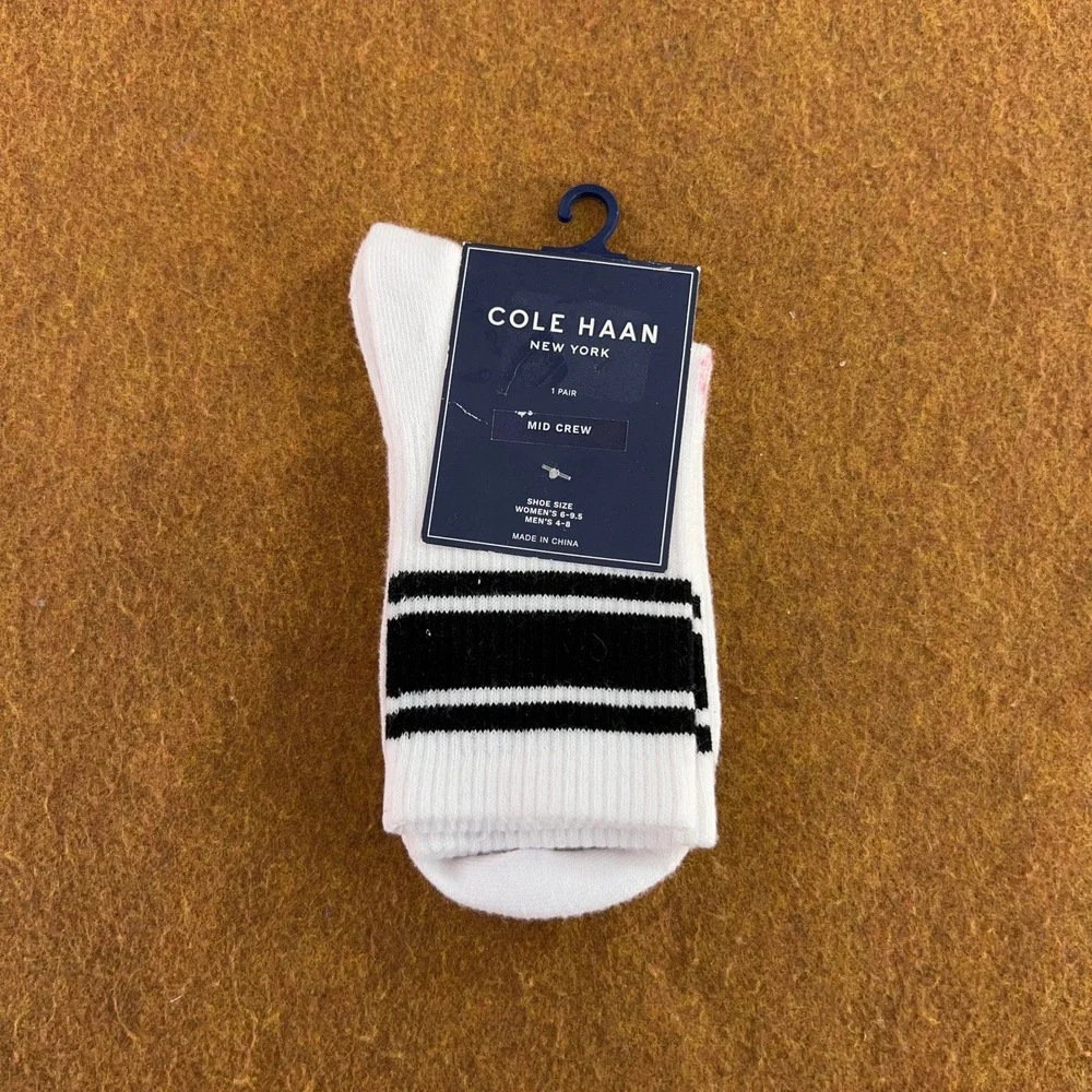 Cole Haan Unisex S/M White Black Striped Mid Crew Socks NWT